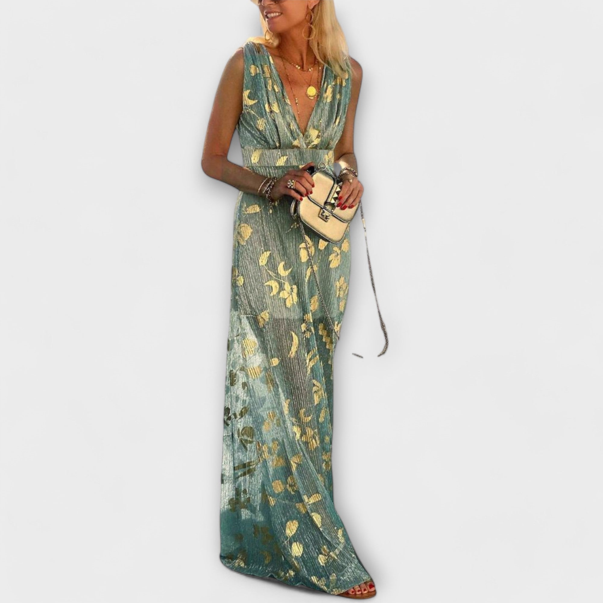 Flowy Dress with V-Neck and Sequin Details