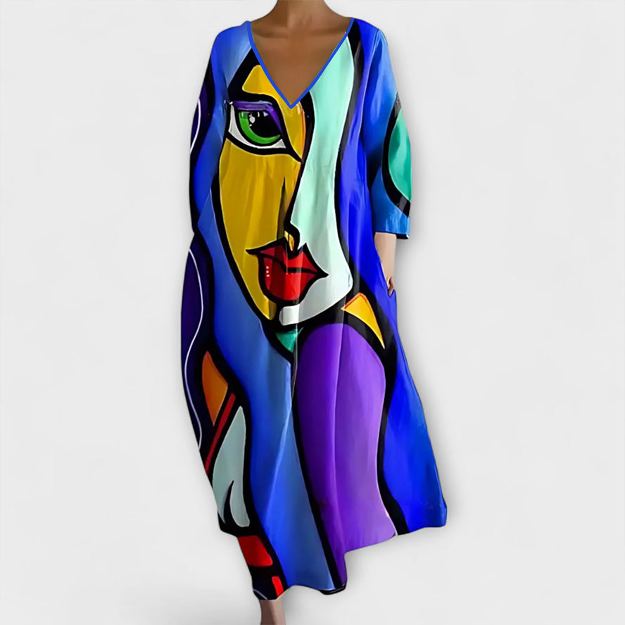 Fiona - Long, Colorful Dress with V-Neck