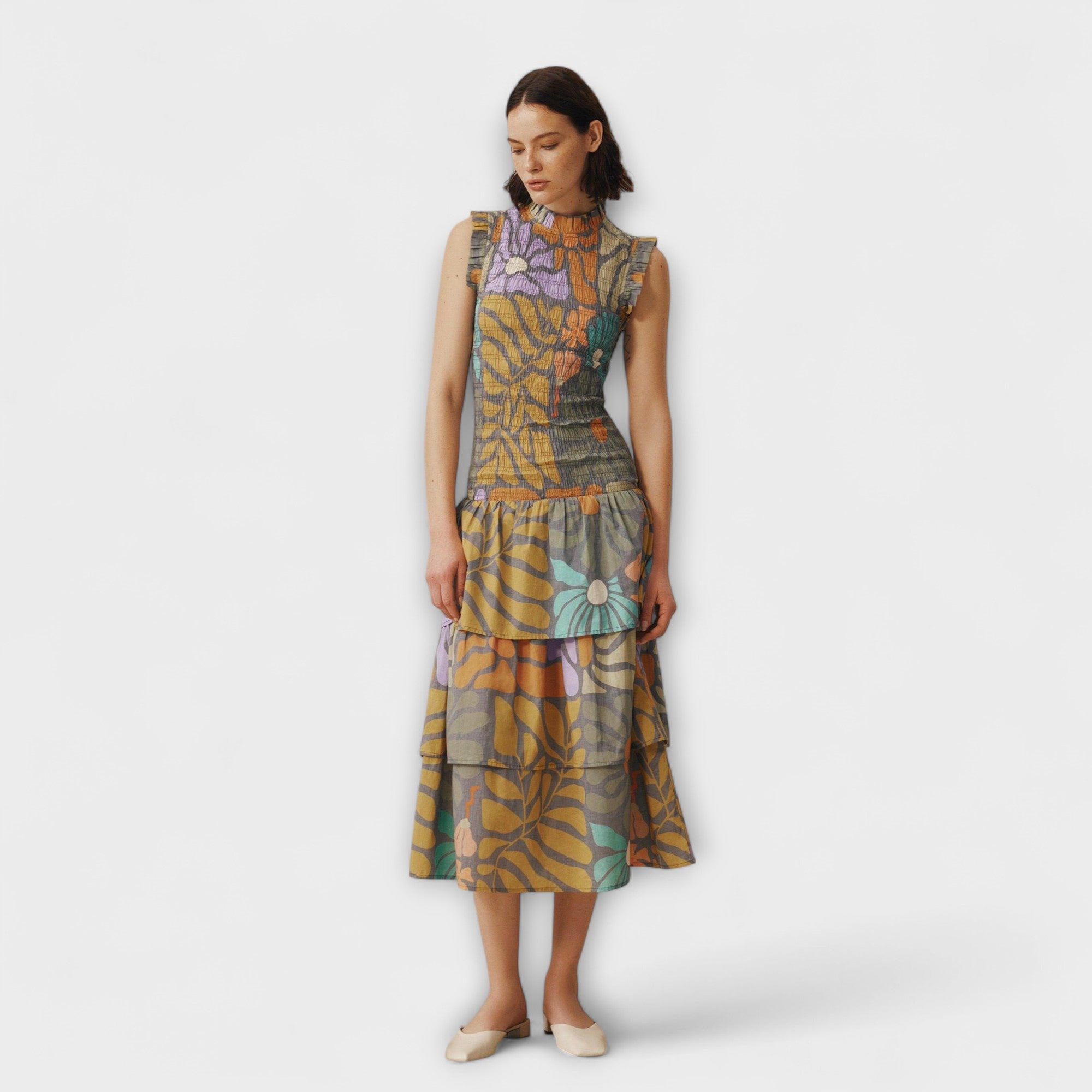 Multicolored Botanical Midi Dress