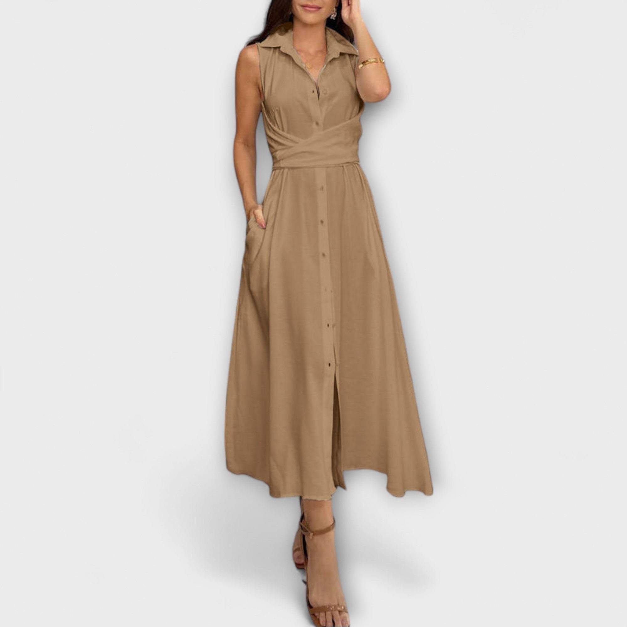 Mira - Eye-catching, single-breasted midi dress with tie detail
