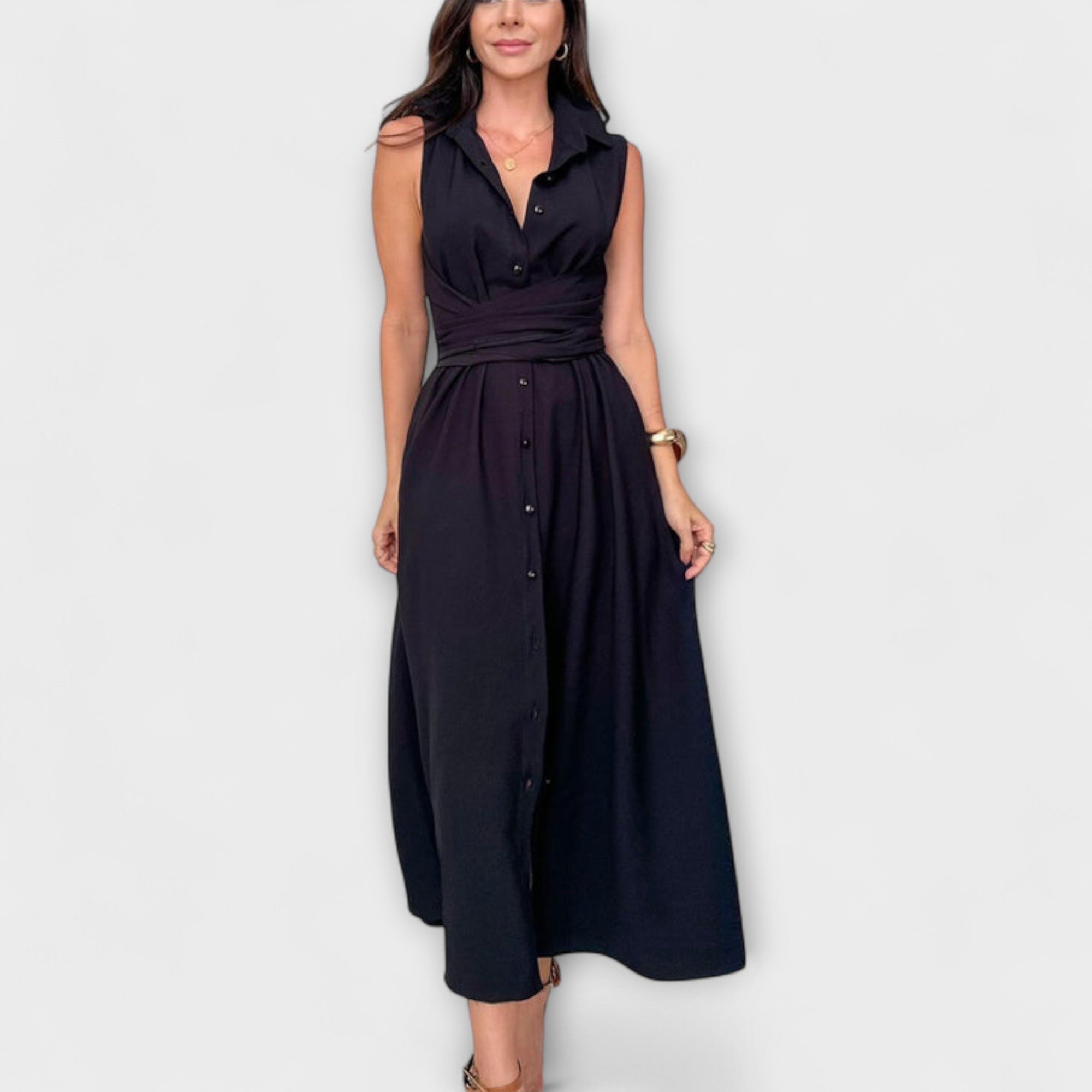 Mira - Eye-catching, single-breasted midi dress with tie detail