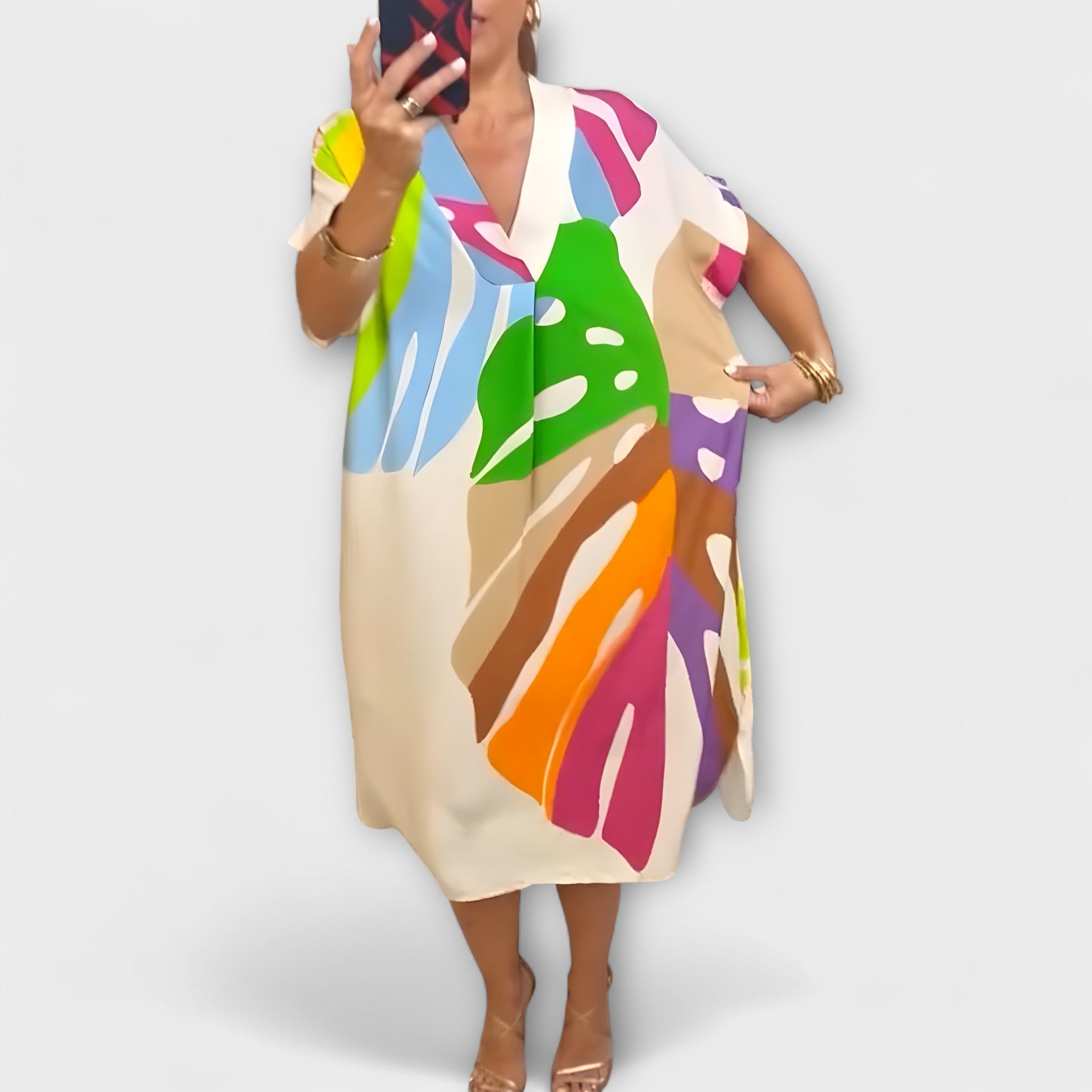 Roos - Casual Dress with Colorful Leaf Print