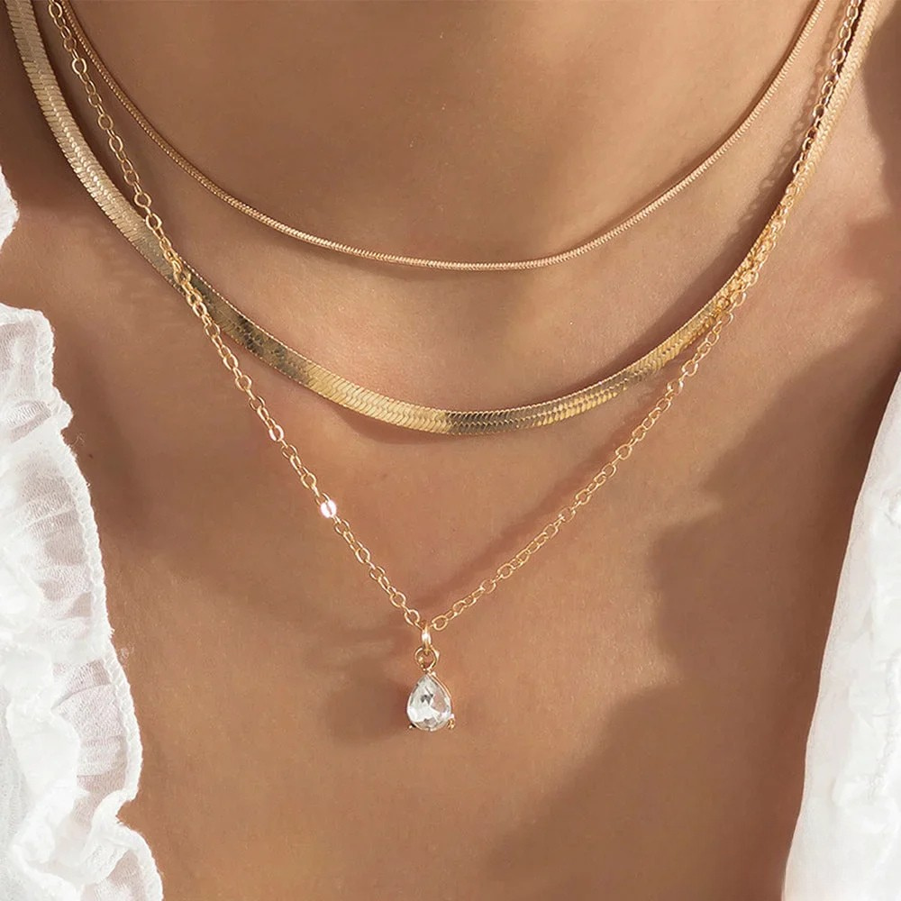 Layered Necklace with Gold Zirconia Pendant