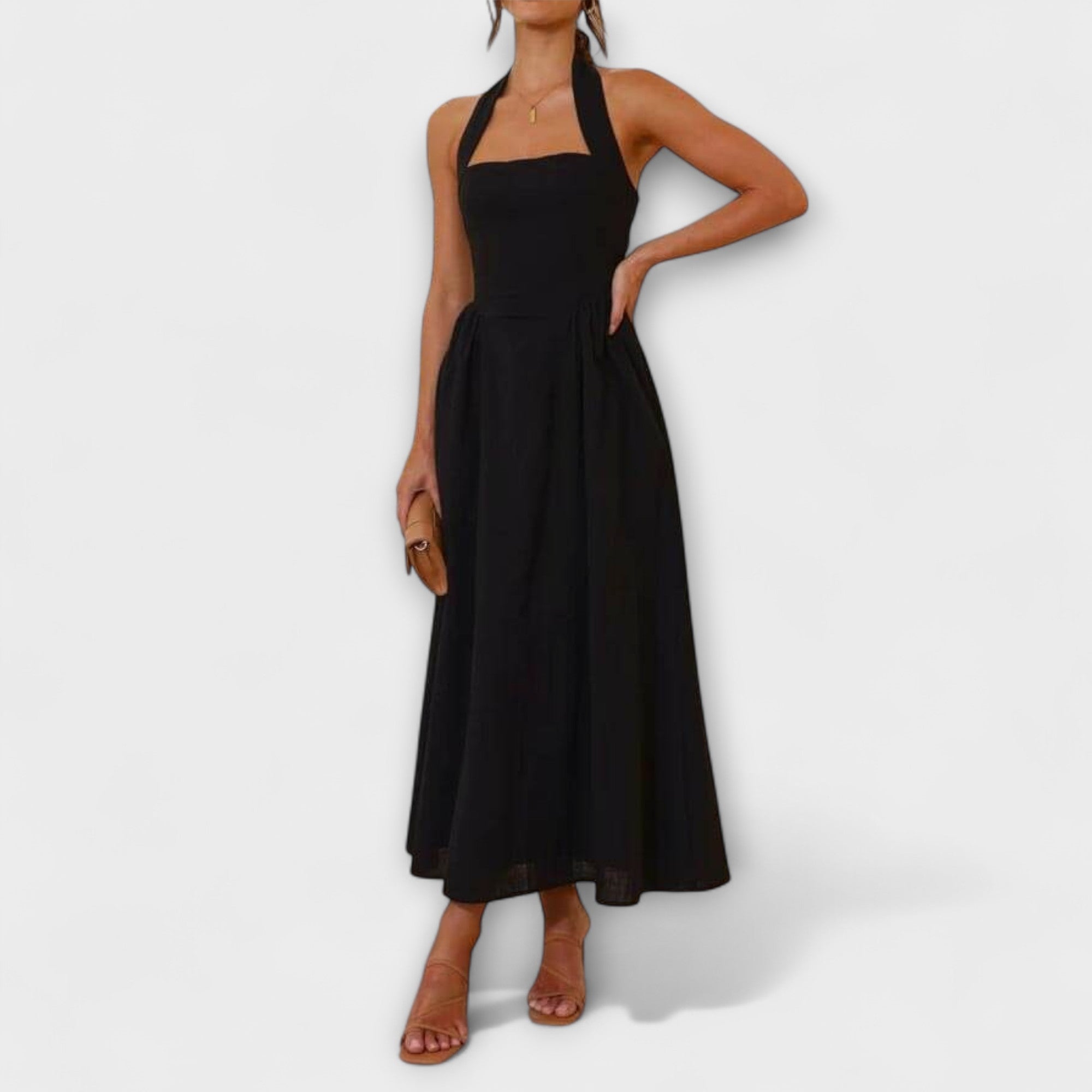 Lydia - Mid-Length Black Halter Dress with Waist Detail