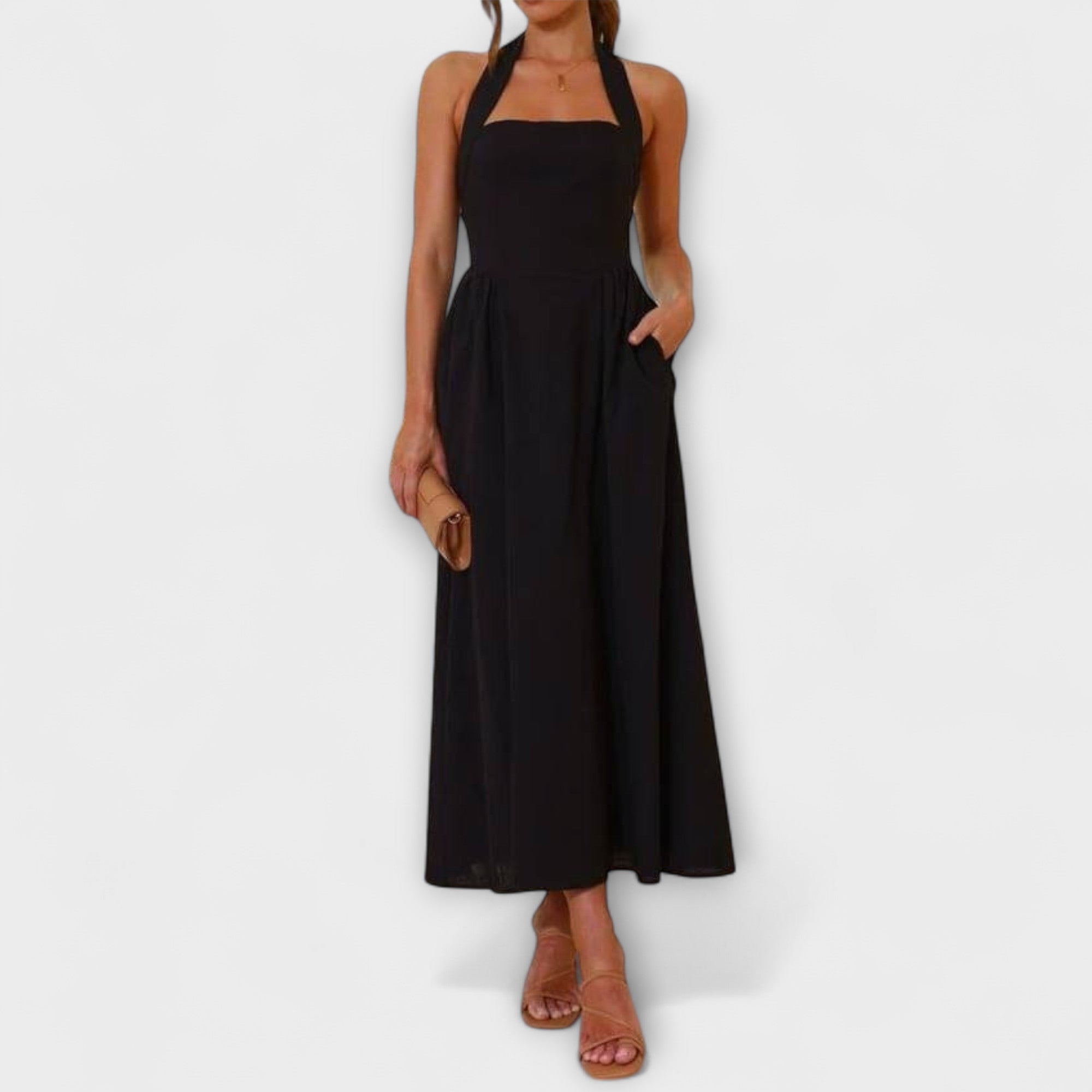 Lydia - Mid-Length Black Halter Dress with Waist Detail