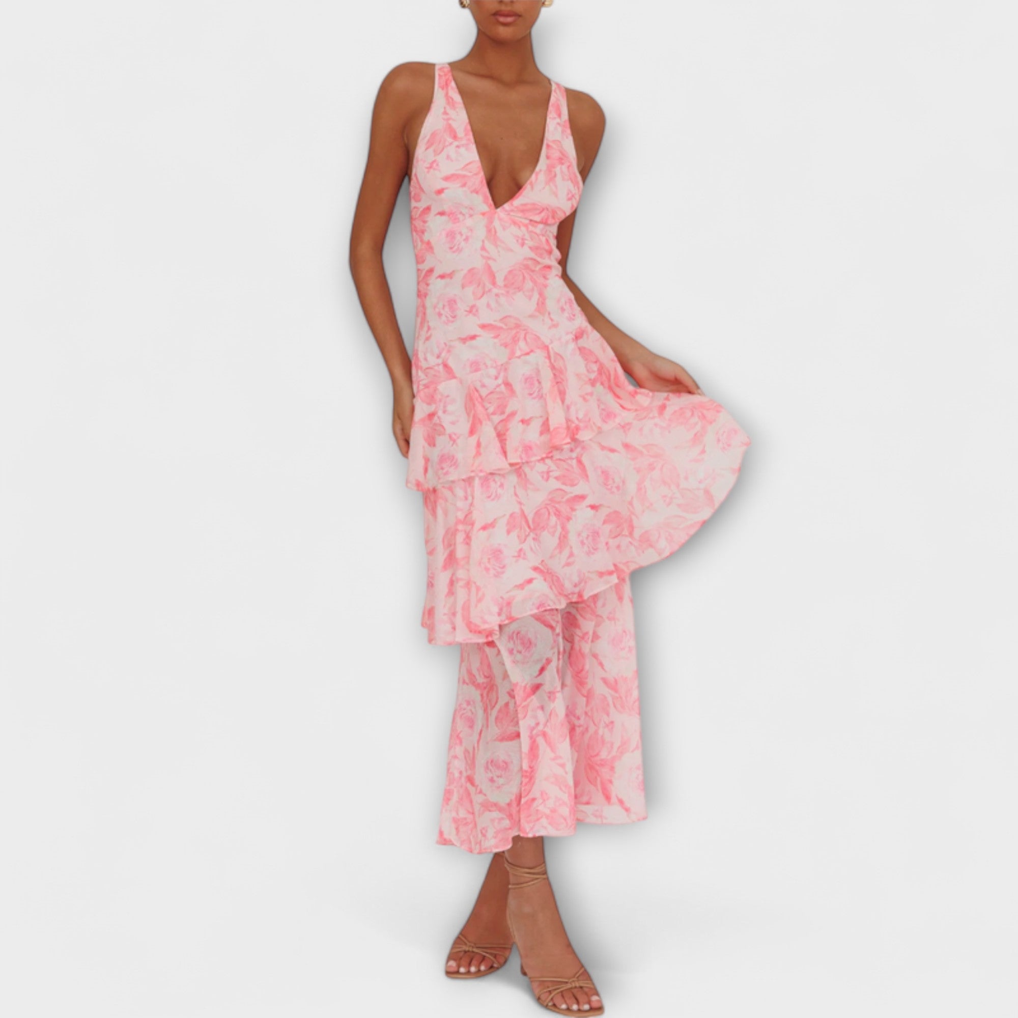 Domenica - Chiffon Dress with V-Neck and Flowing Layers