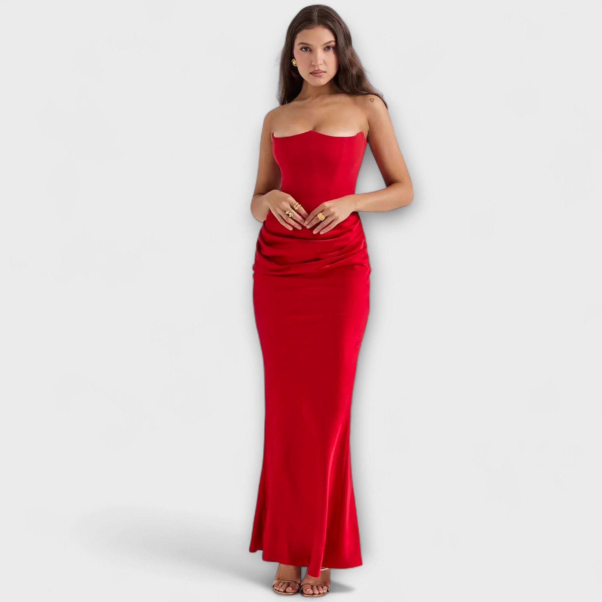 Off-the-Shoulder Satin Maxi Dress with Draping