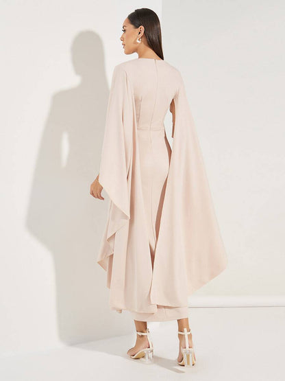 Rachel - Hellrosa Midi Dress with V-Neck and Chiffon Sleeves