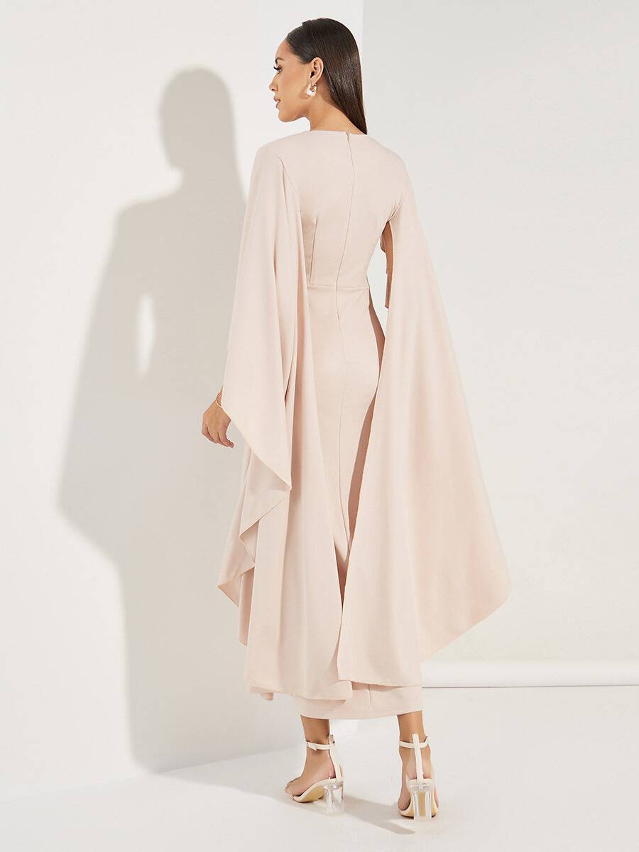 Rachel - Hellrosa Midi Dress with V-Neck and Chiffon Sleeves