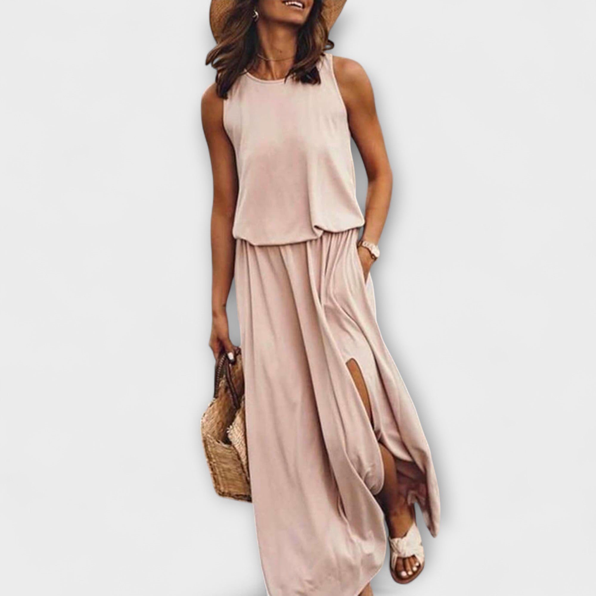 Light, loose, sleeveless dress with a round neckline
