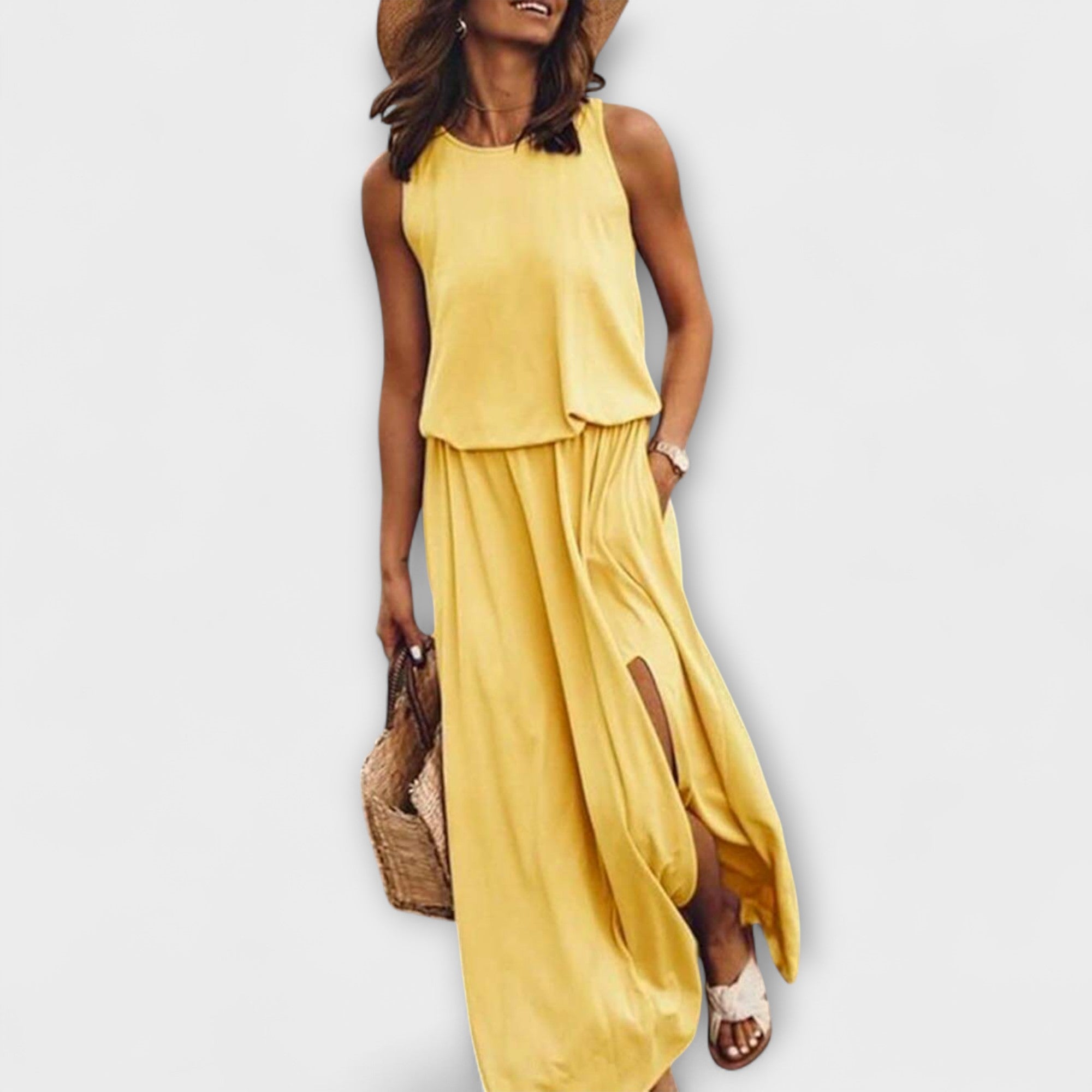 Light, loose, sleeveless dress with a round neckline