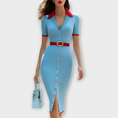 Sina - Chic Baby Blue Ribbed Knit Pencil Dress