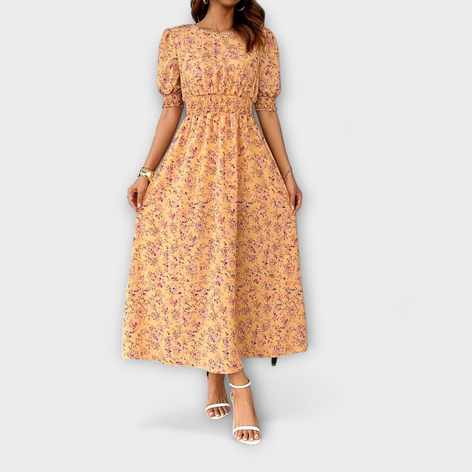 Amelia - Dress with Round Neckline and Floral Pattern