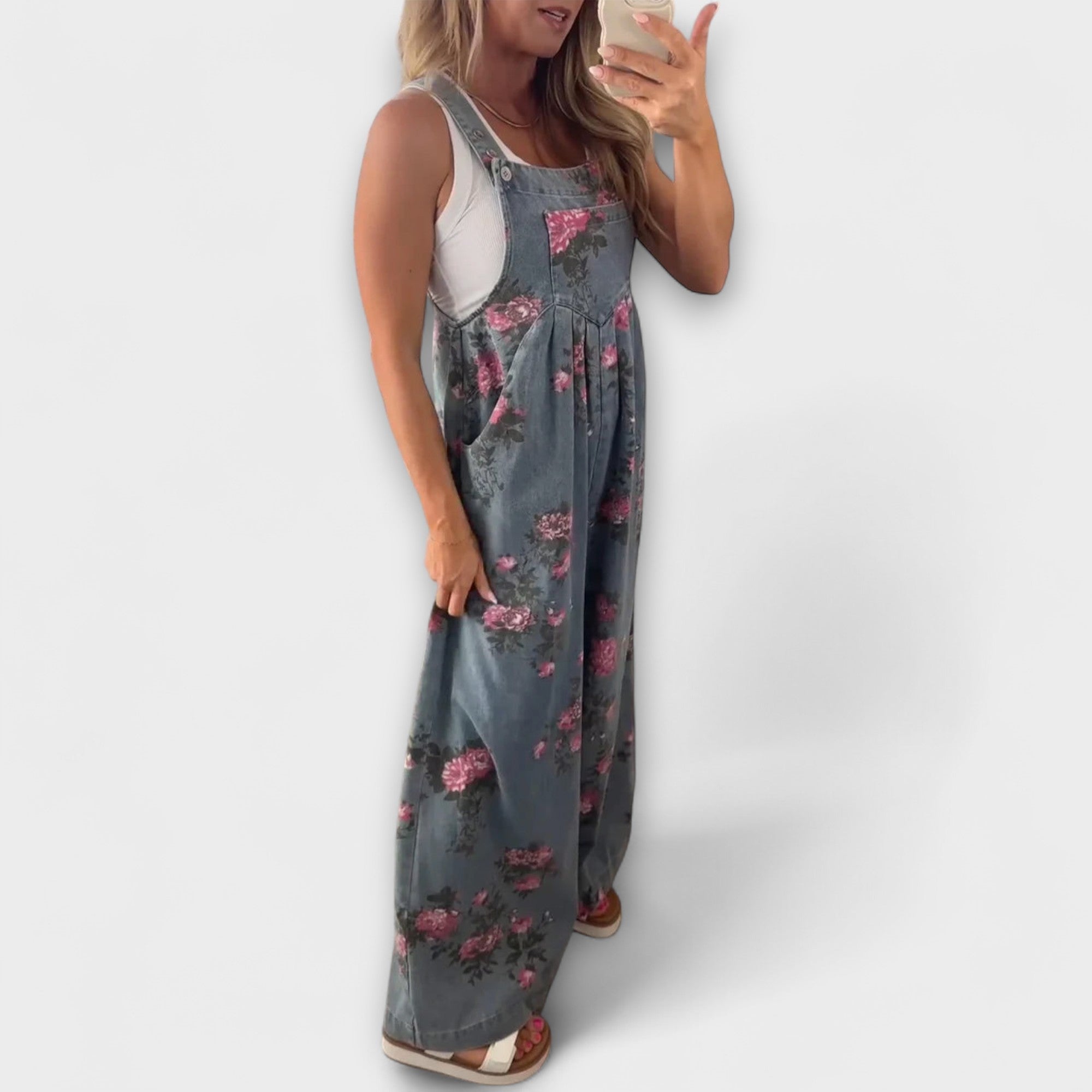 Bethany - Floral Pattern Wide Denim Overalls