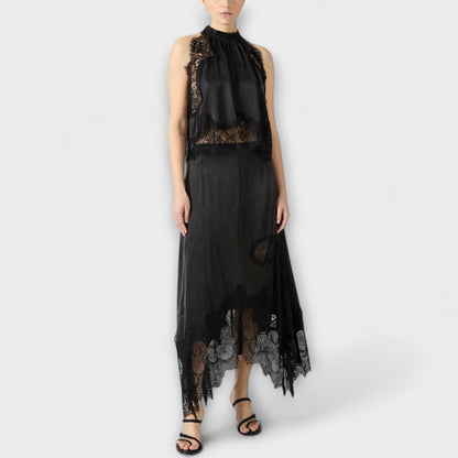 Kaia - Satin blouse with lace trim and pleated neckline in set