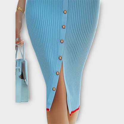 Sina - Chic Baby Blue Ribbed Knit Pencil Dress
