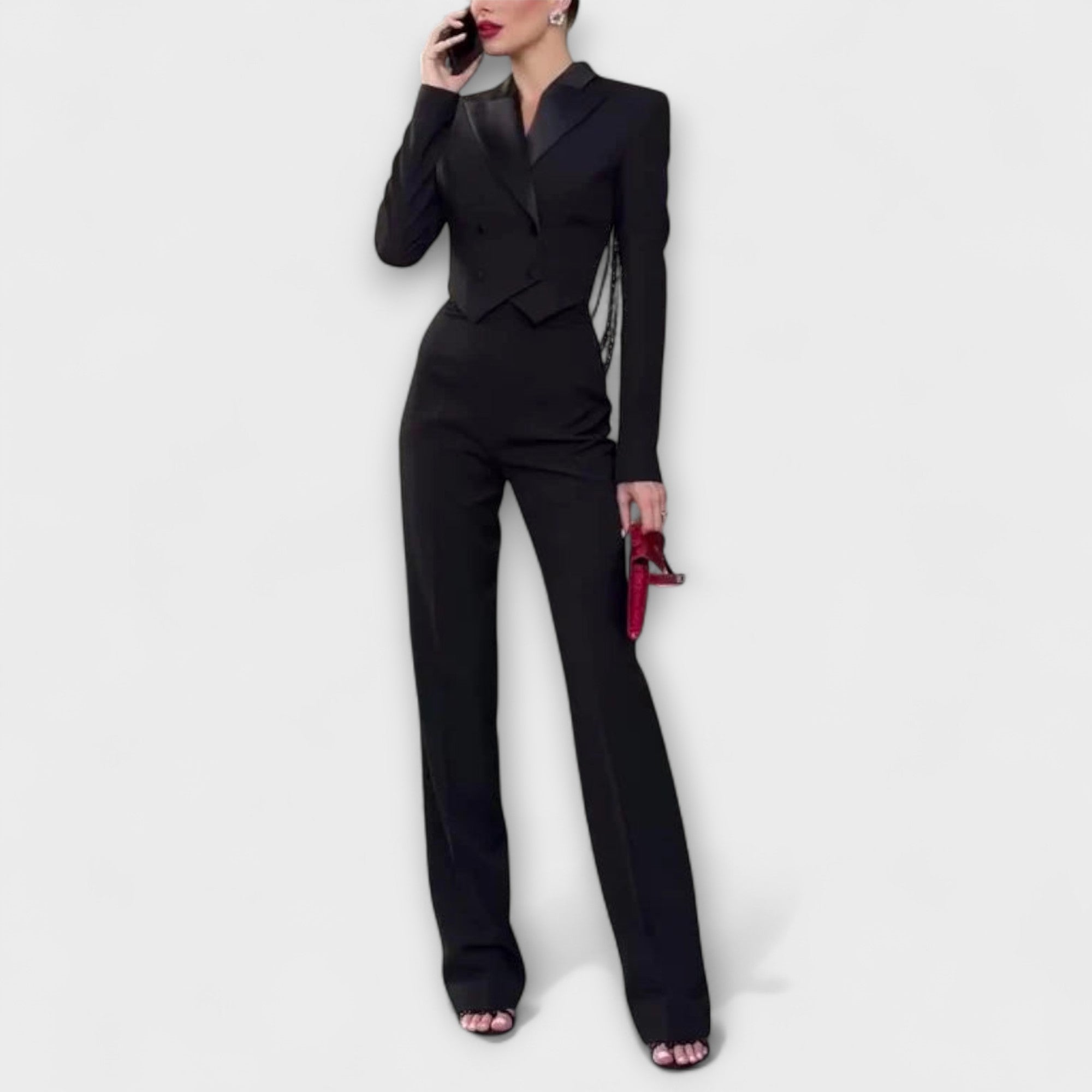 Noa - Black Pearl-Embellished Backless Short Blazer Set