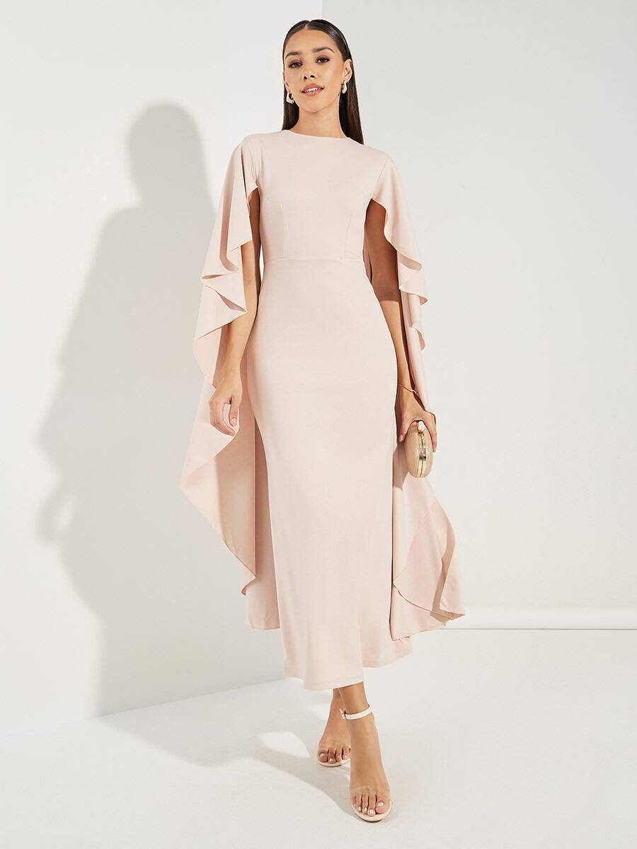 Rachel - Hellrosa Midi Dress with V-Neck and Chiffon Sleeves