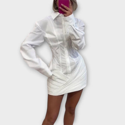 Indie - Long-sleeved white pleated shirt dress
