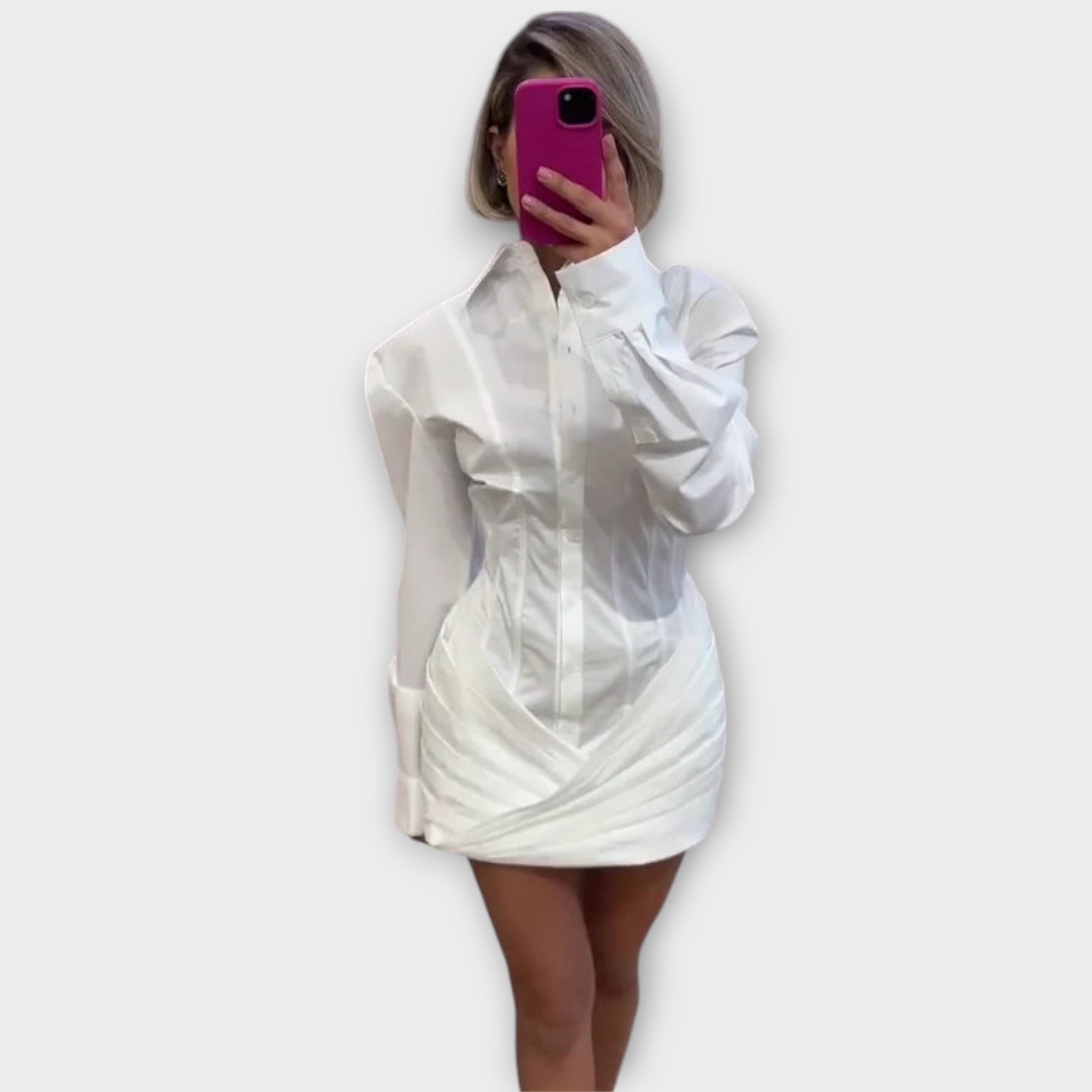 Indie - Long-sleeved white pleated shirt dress