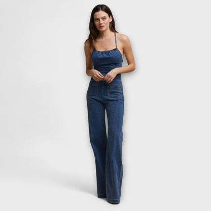 Julie - Flared Denim Jumpsuit with Tie Detail