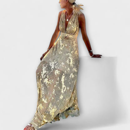 Flowy Dress with V-Neck and Sequin Details