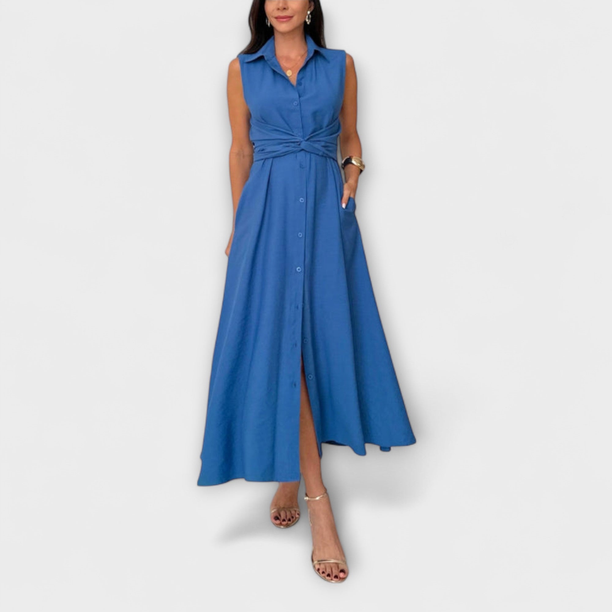 Mira - Eye-catching, single-breasted midi dress with tie detail