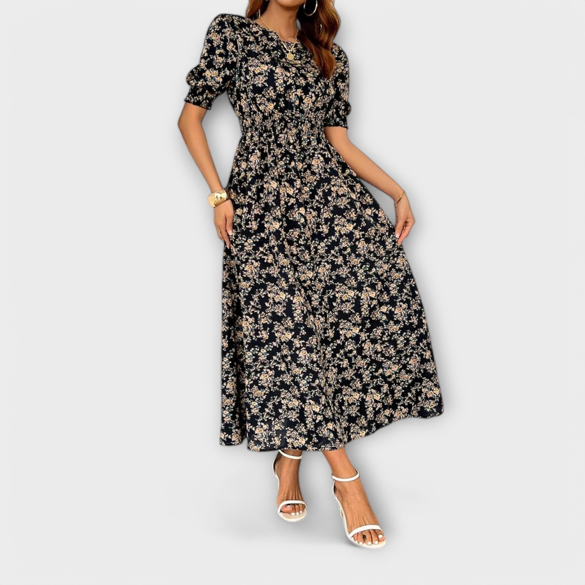 Amelia - Dress with Round Neckline and Floral Pattern