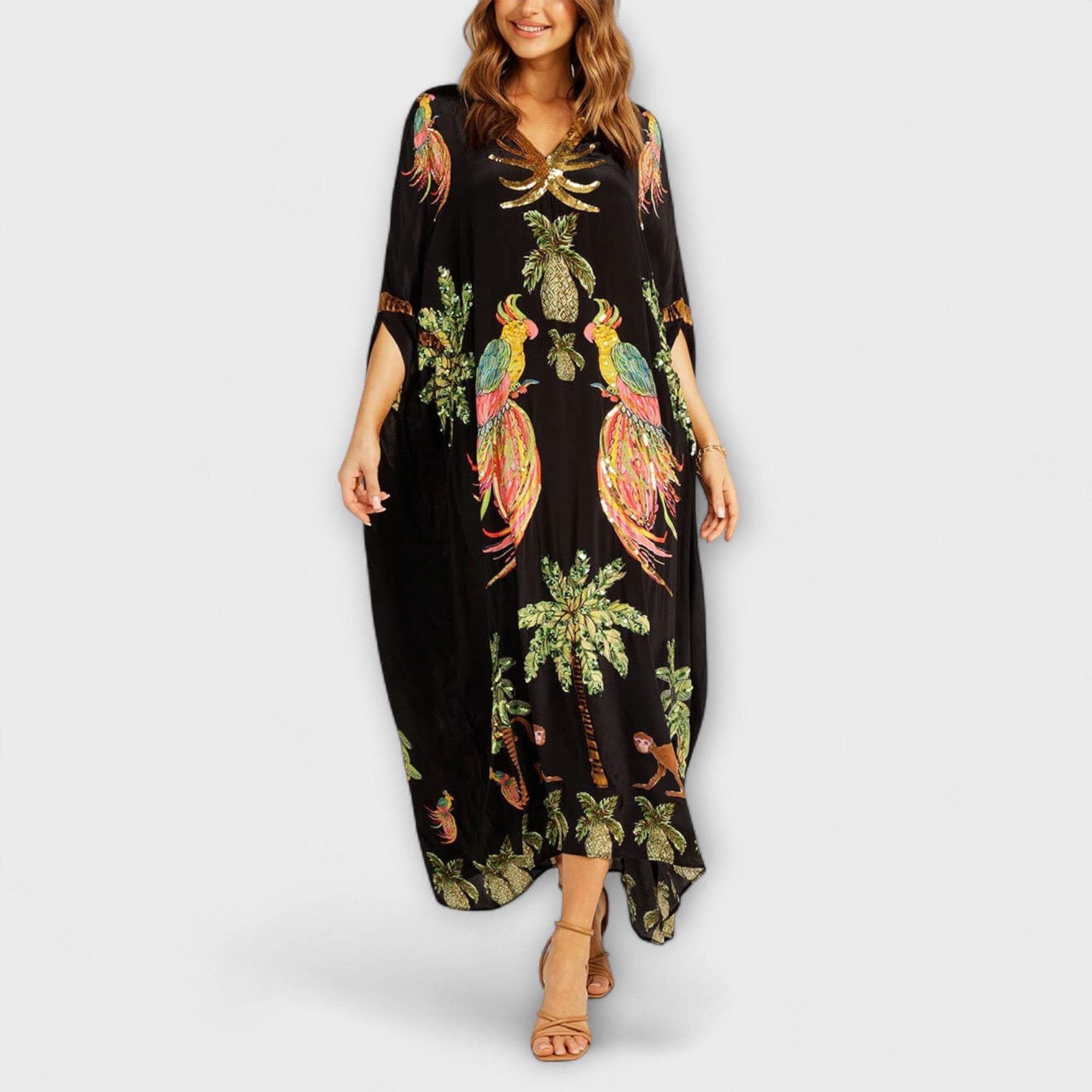 Linda - Eye-catching dress with off-shoulder design and coconut tree print