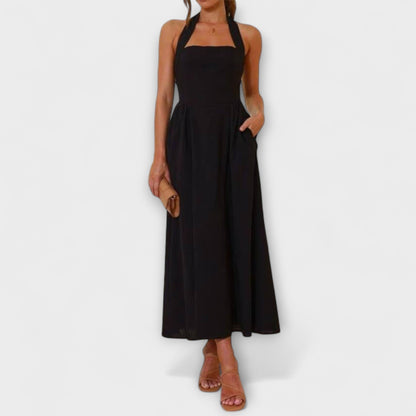 Lydia - Mid-Length Black Halter Dress with Waist Detail