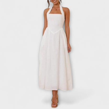 Lydia - Mid-Length Black Halter Dress with Waist Detail