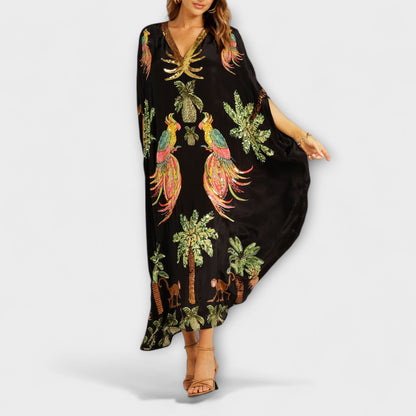 Linda - Eye-catching dress with off-shoulder design and coconut tree print