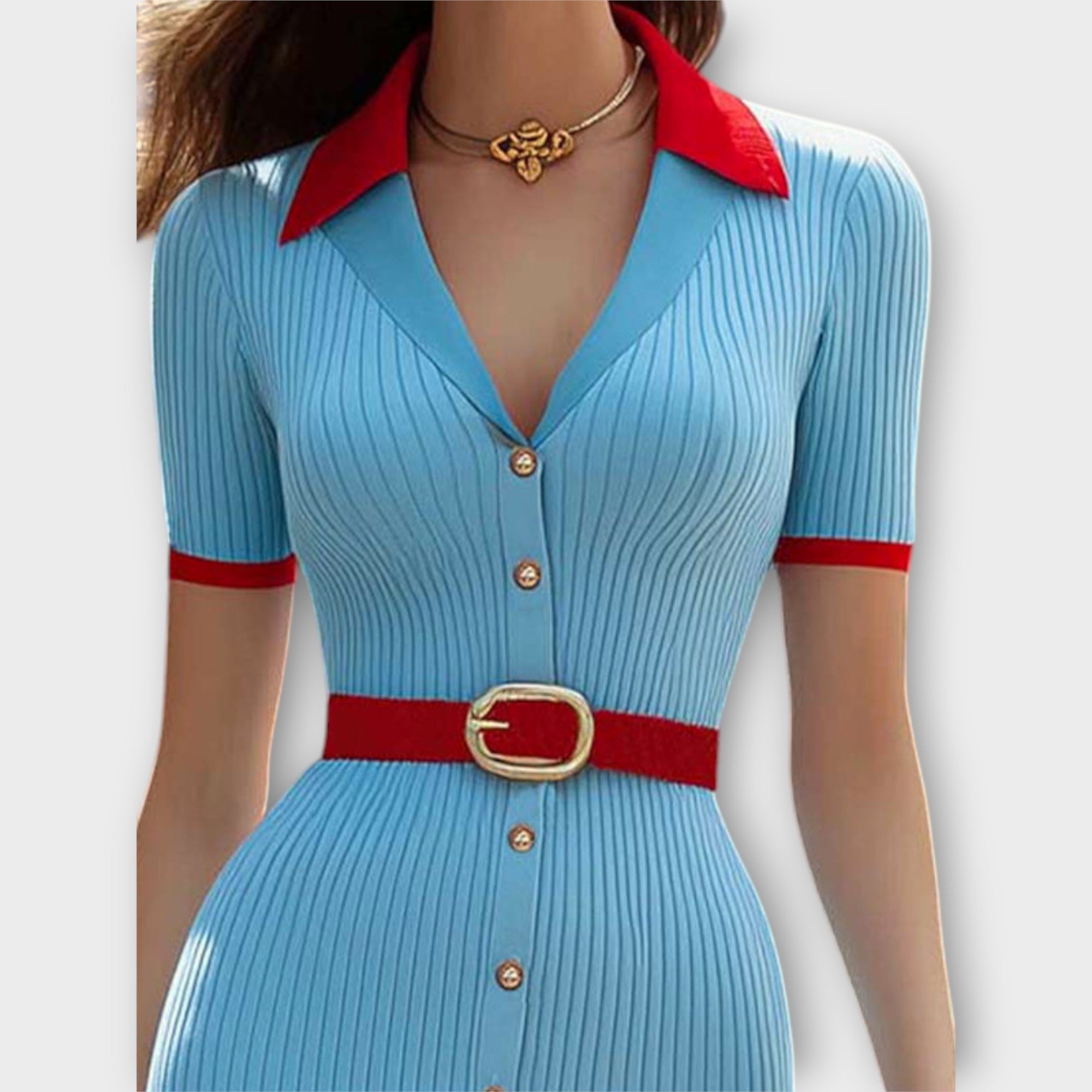 Sina - Chic Baby Blue Ribbed Knit Pencil Dress