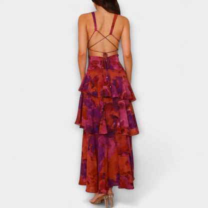 Domenica - Chiffon Dress with V-Neck and Flowing Layers